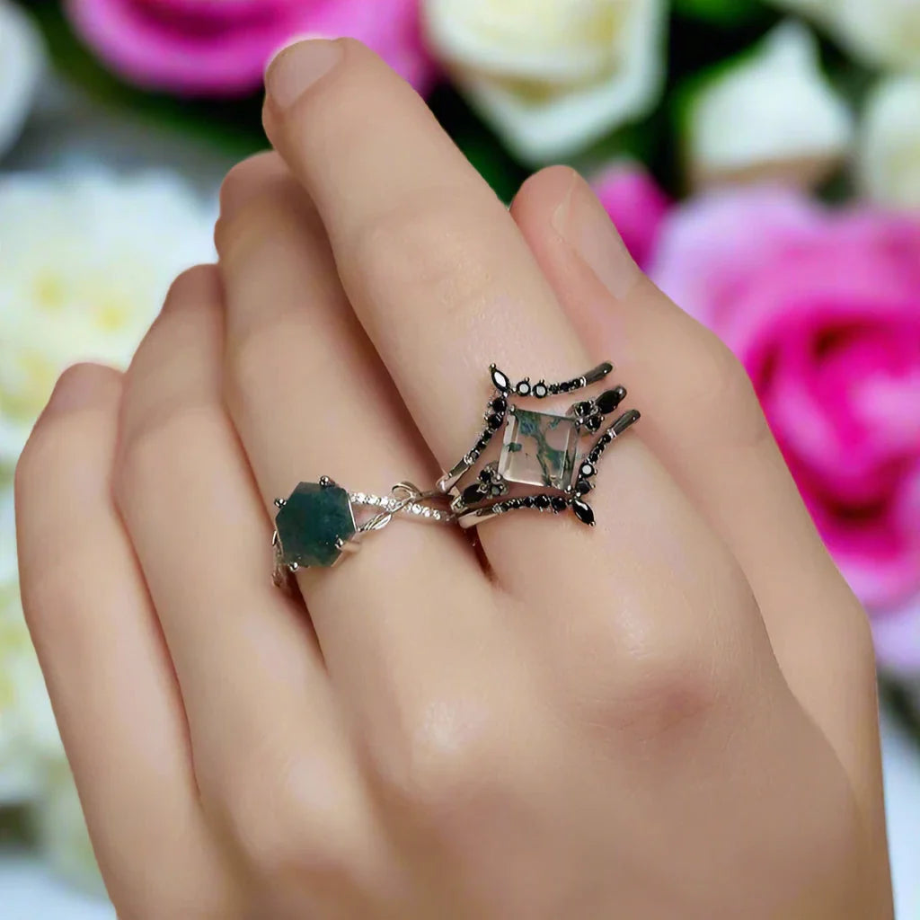 Moss Agate and Black Diamonds Wedding Ring Set