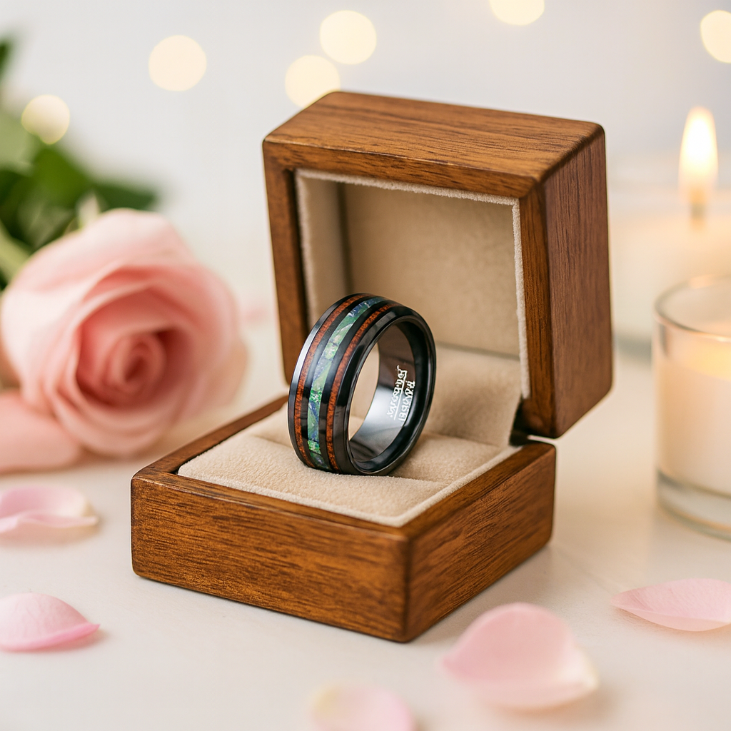 Natural Acacia Wood Opal Black Tungsten Men's Wedding Band
