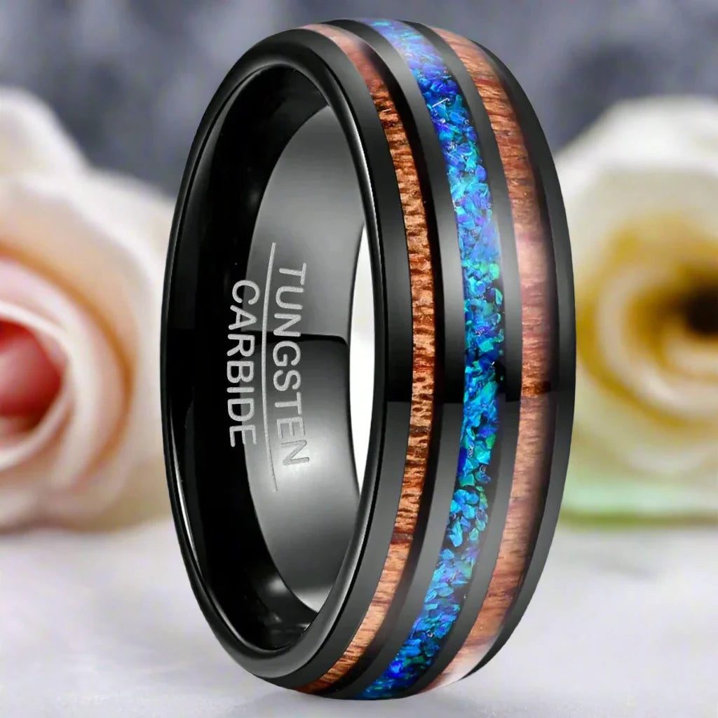 Natural Acacia Wood Opal Black Tungsten Men's Wedding Band
