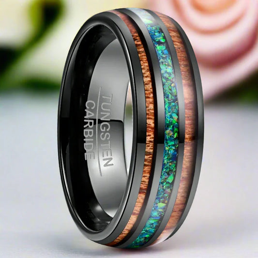 Natural Acacia Wood Opal Black Tungsten Men's Wedding Band
