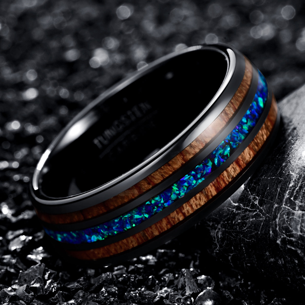 Natural Acacia Wood Opal Black Tungsten Men's Wedding Band