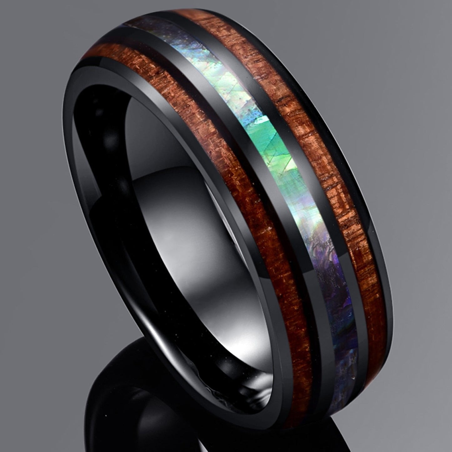 Natural Acacia Wood Opal Black Tungsten Men's Wedding Band