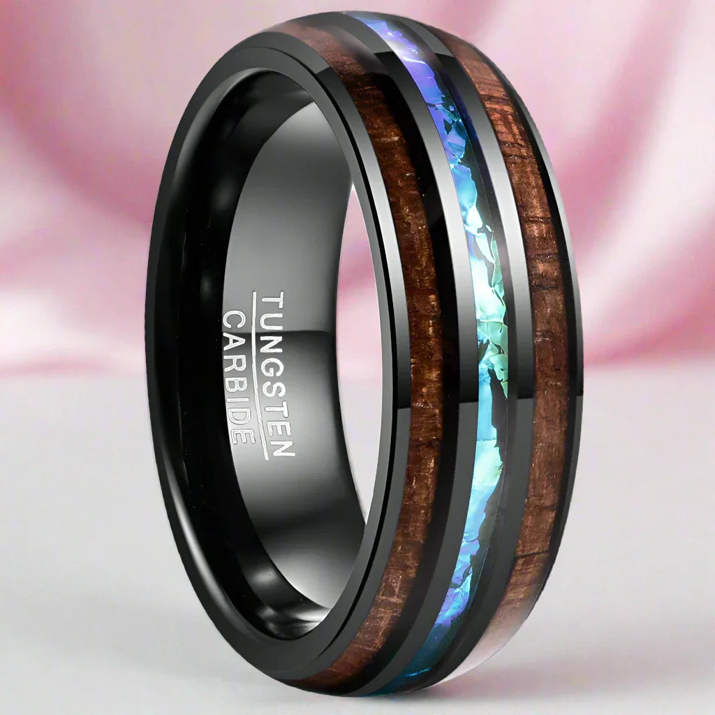 Natural Acacia Wood Opal Black Tungsten Men's Wedding Band