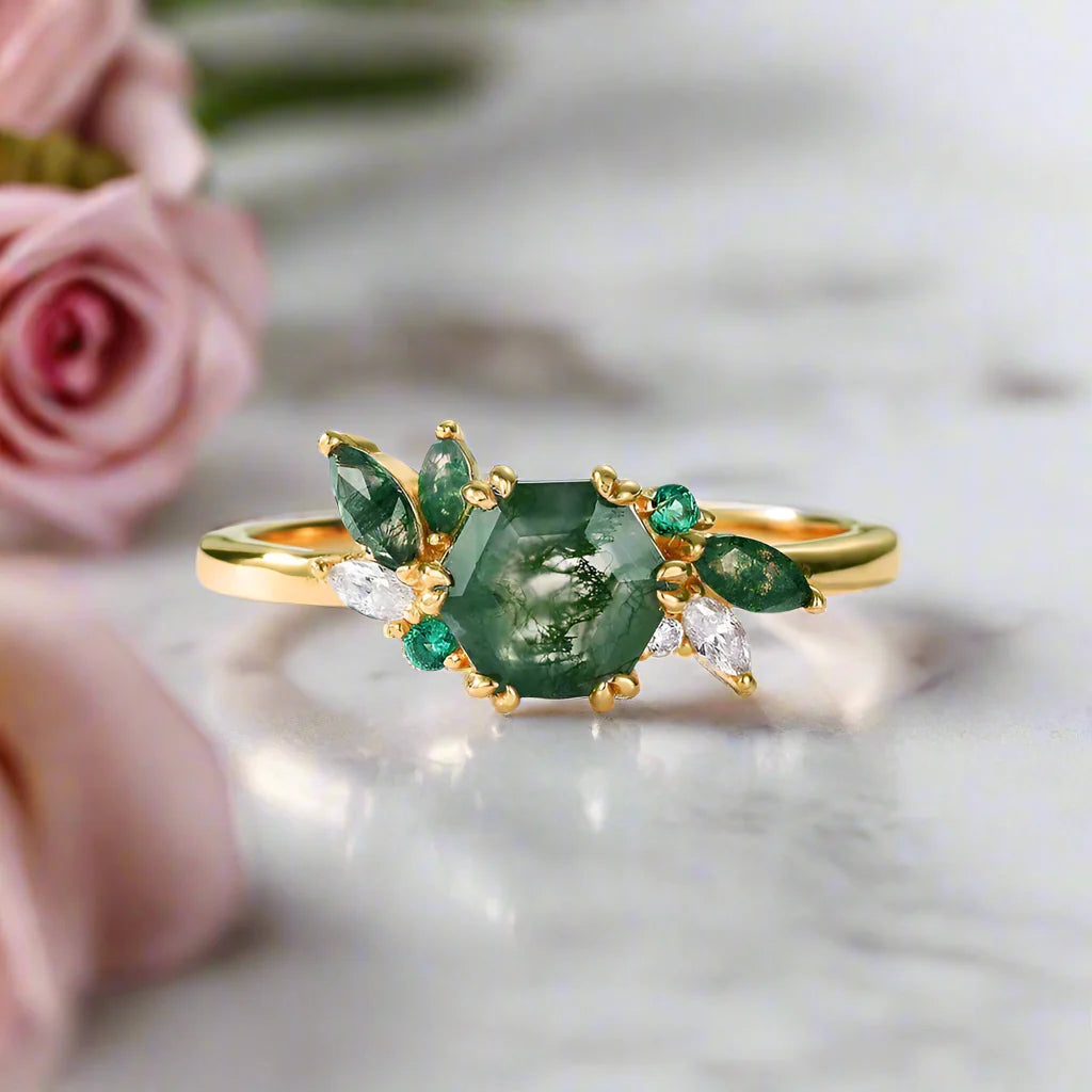 Natural Moss Agate Engagement Ring
