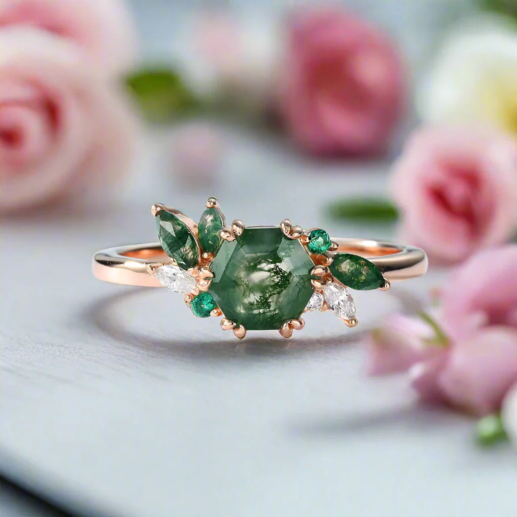 Natural Moss Agate Engagement Ring
