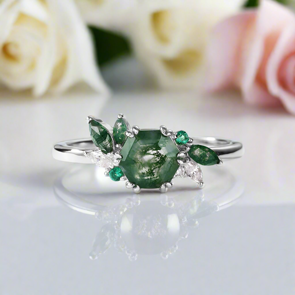 Natural Moss Agate Engagement Ring