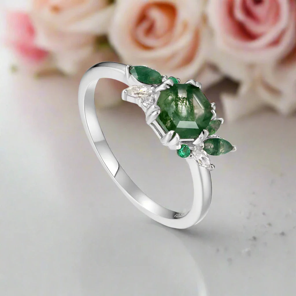 Natural Moss Agate Engagement Ring