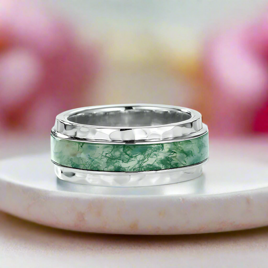 Natural Moss Agate Wedding Band