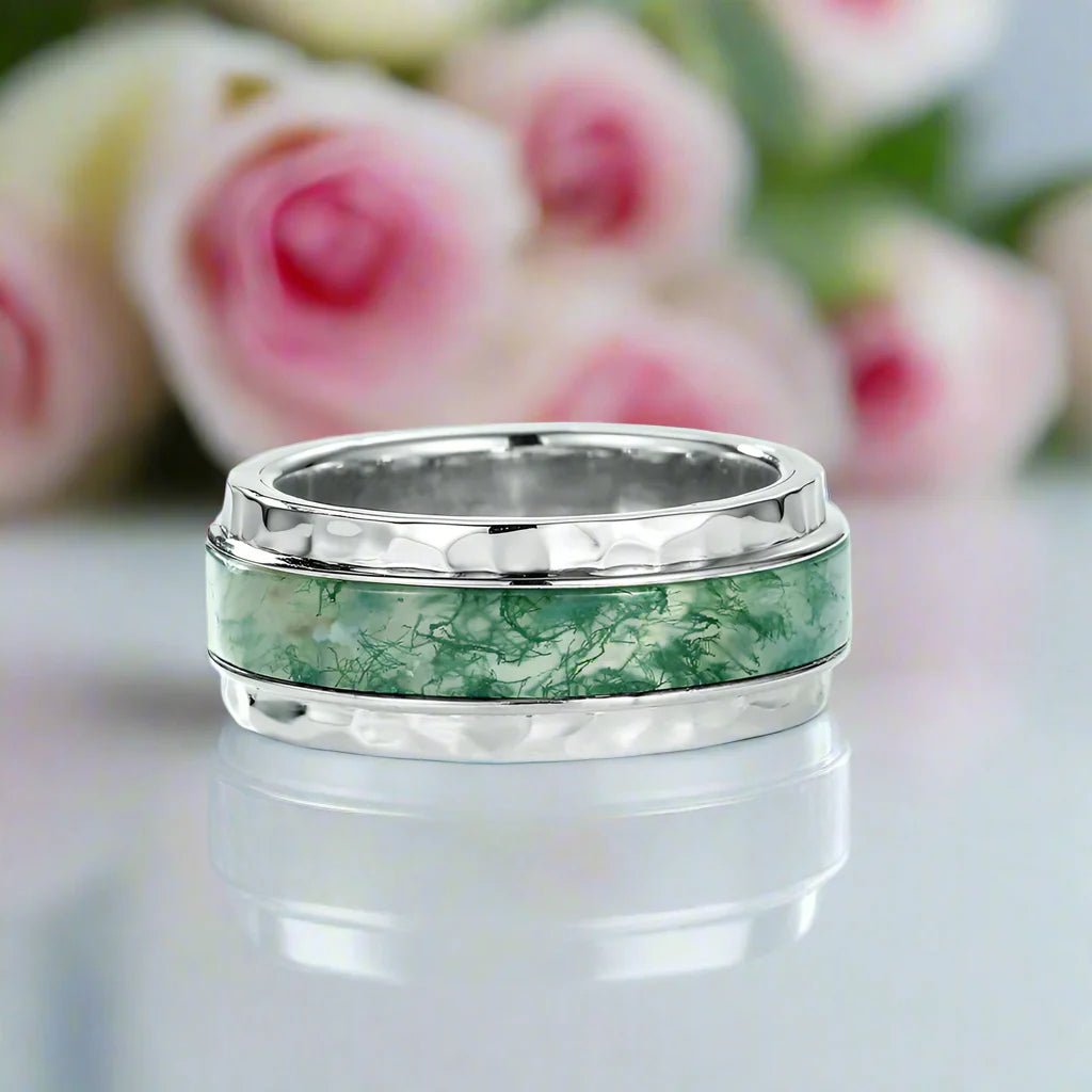 Natural Moss Agate Wedding Band