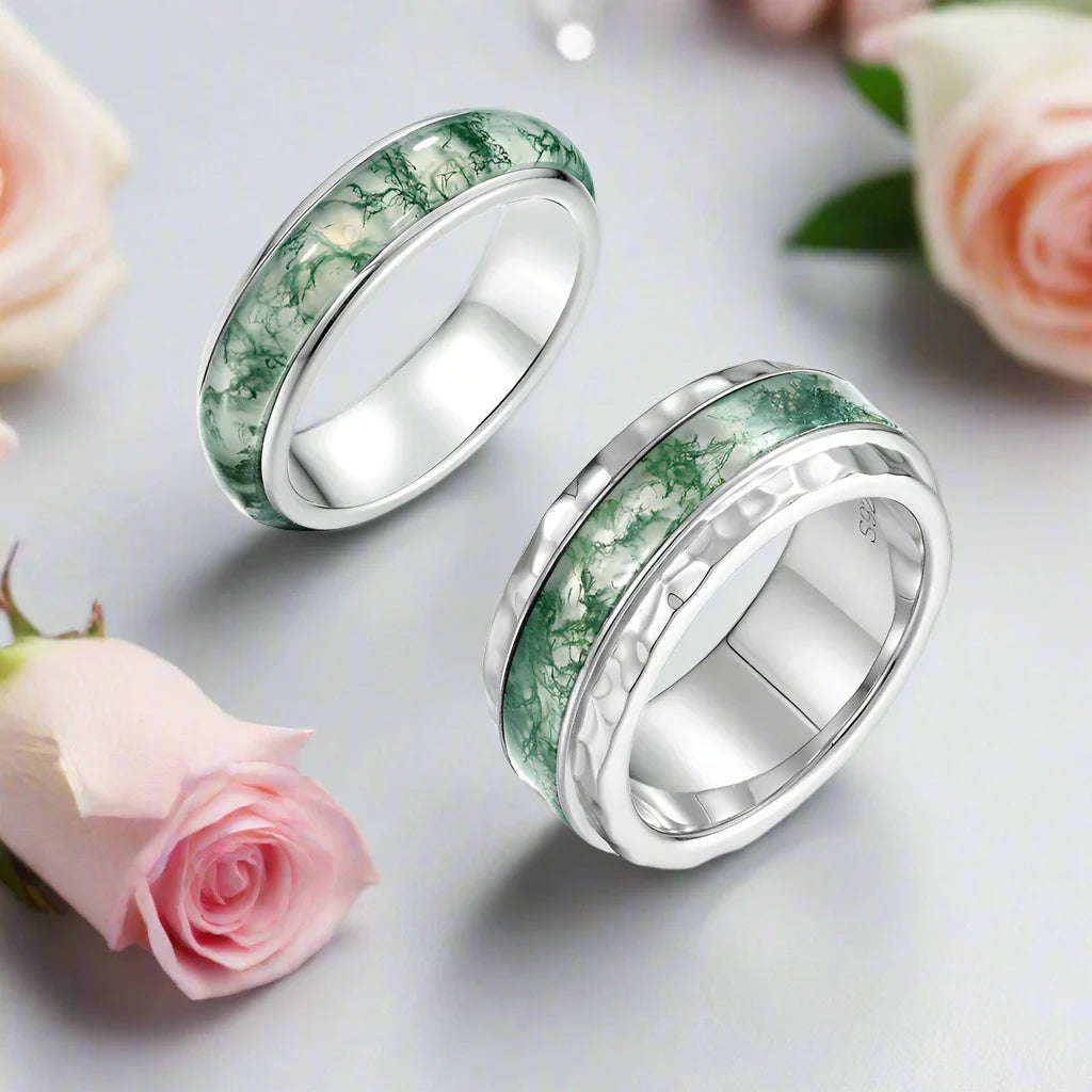 Natural Moss Agate Wedding Band