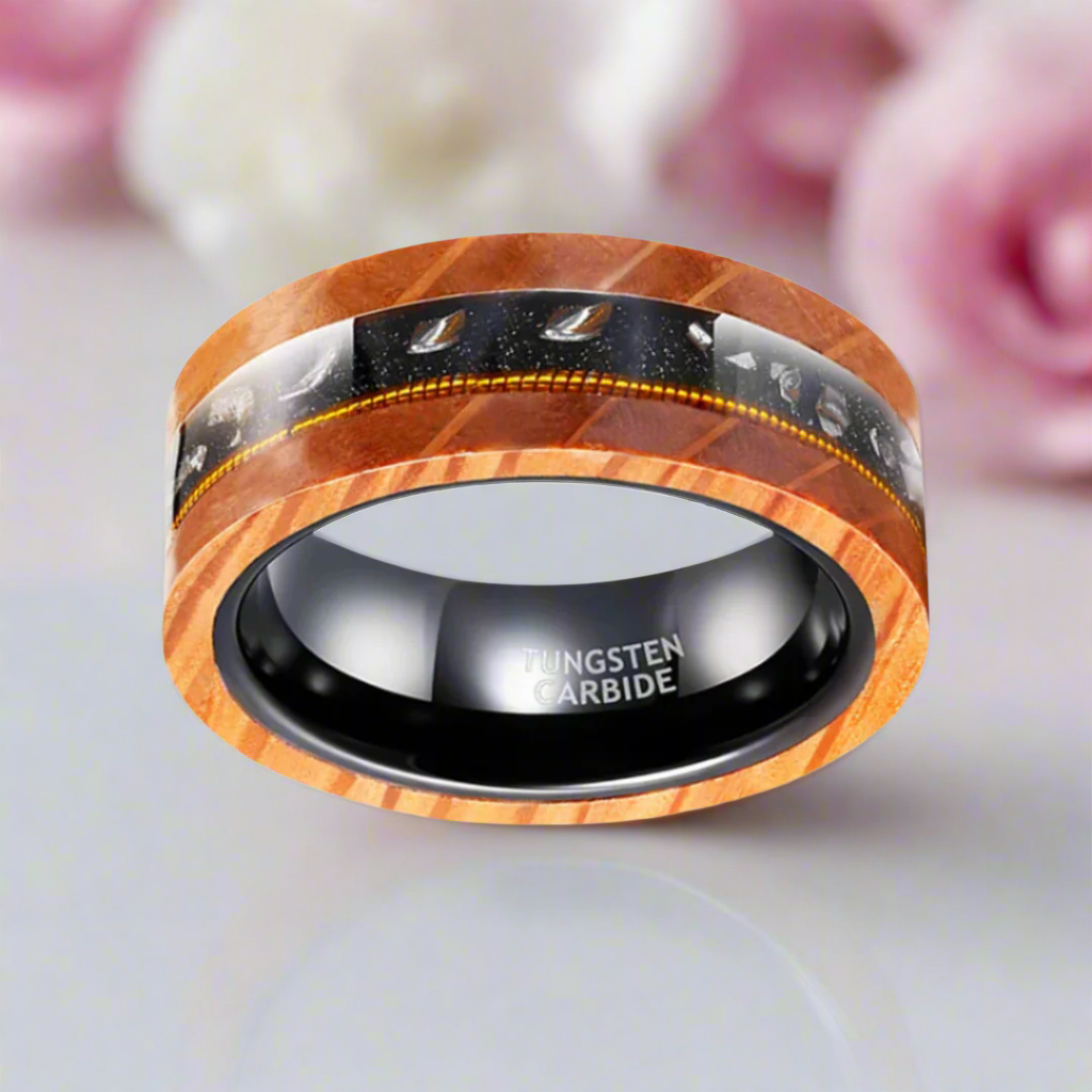 Olive Wood Between Guitar Strings Tungsten Wedding Band
