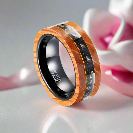 Olive Wood Between Guitar Strings Tungsten Wedding Band