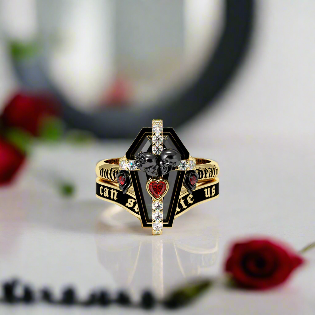 Only Death Can Separate Us Coffin Cut Diamond Wedding Rings
