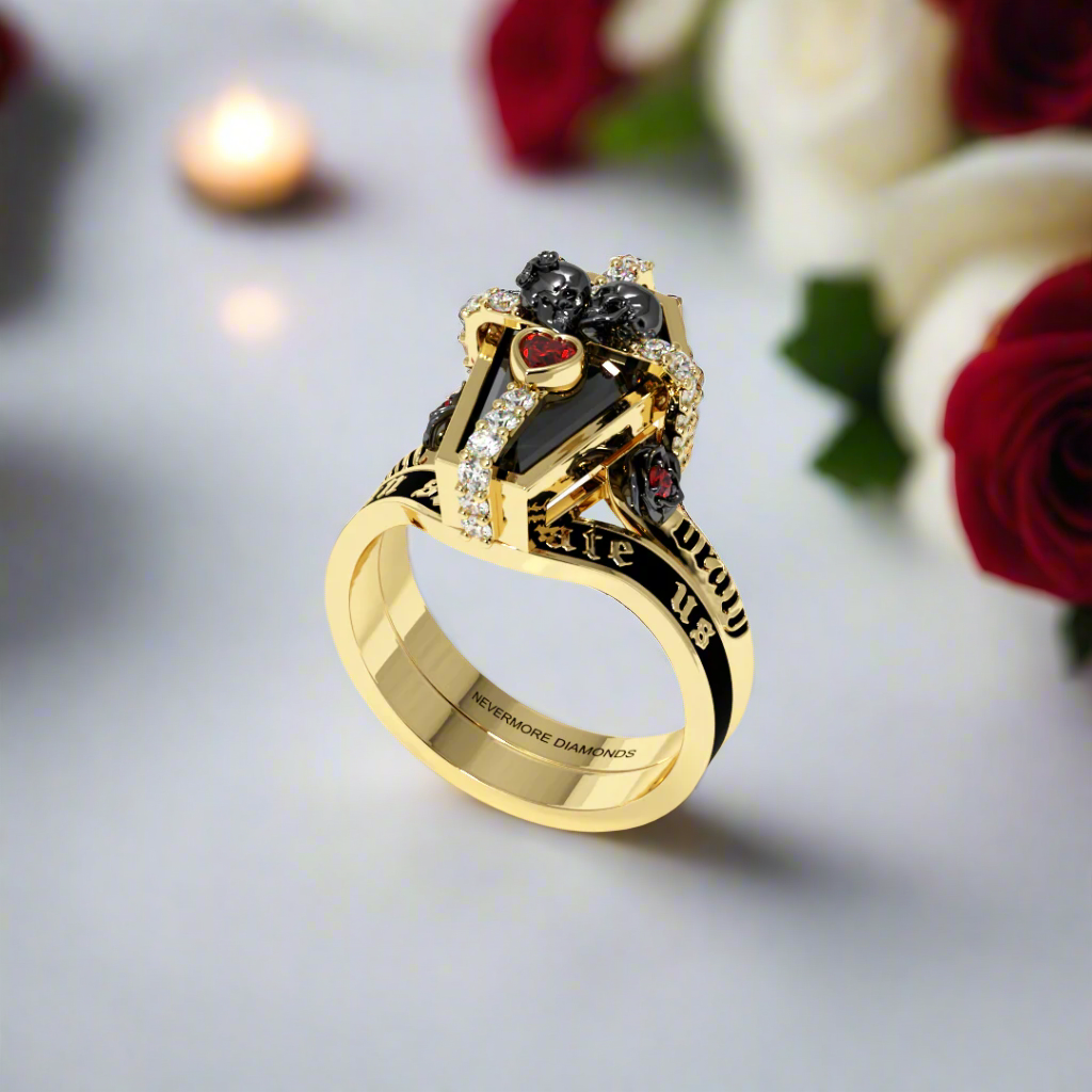 Only Death Can Separate Us Coffin Cut Diamond Wedding Rings