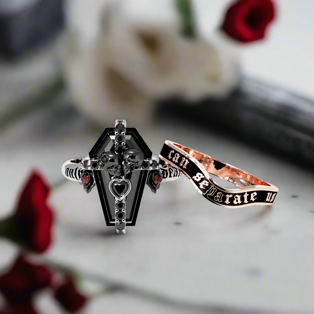 Only Death Can Separate Us Coffin Cut Diamond Wedding Rings