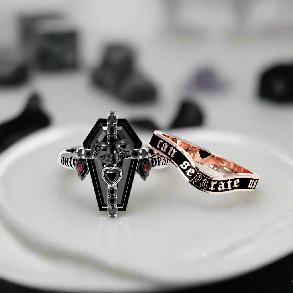 Only Death Can Separate Us Coffin Cut Diamond Wedding Rings