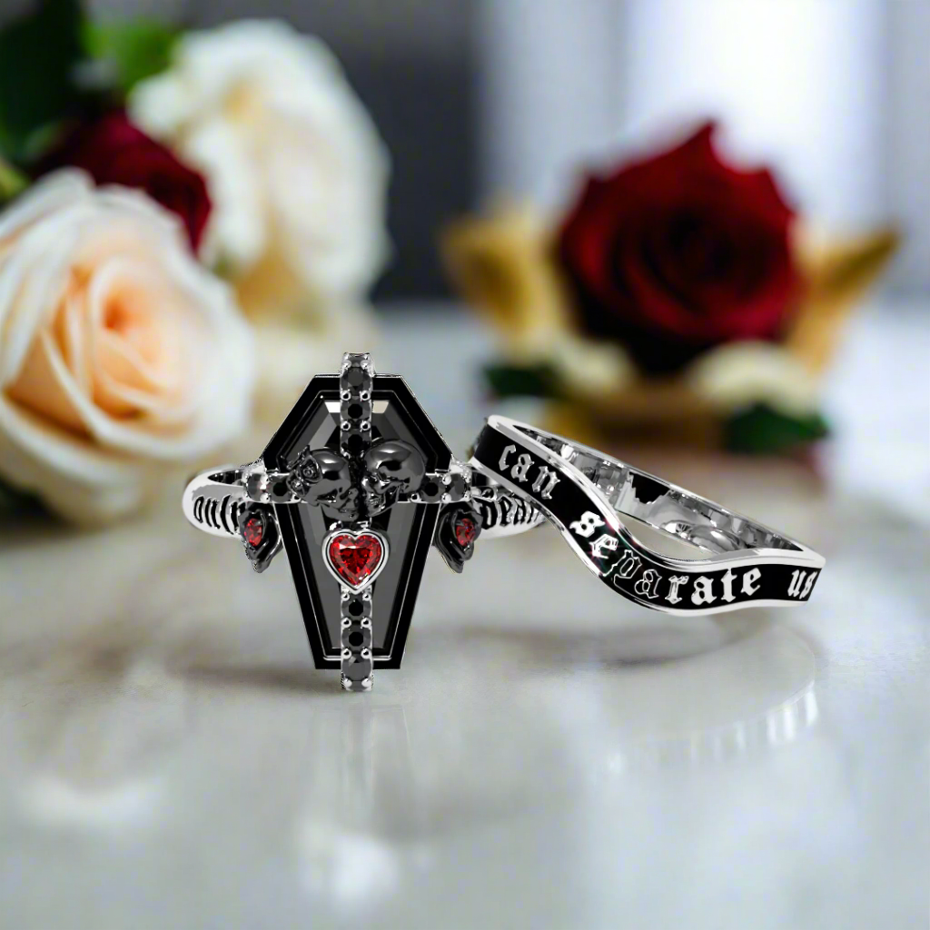 Only Death Can Separate Us Coffin Cut Diamond Wedding Rings
