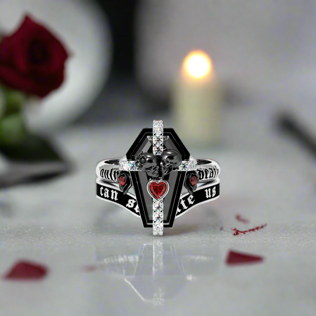 Only Death Can Separate Us Coffin Cut Diamond Wedding Rings