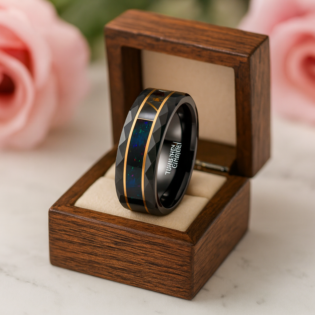 Opal and Metal Slag Inlay Tungsten Wedding Band