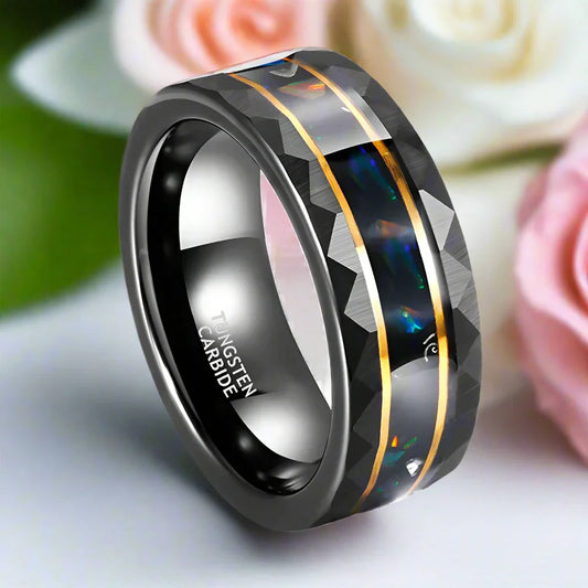 Opal and Metal Slag Inlay Tungsten Wedding Band