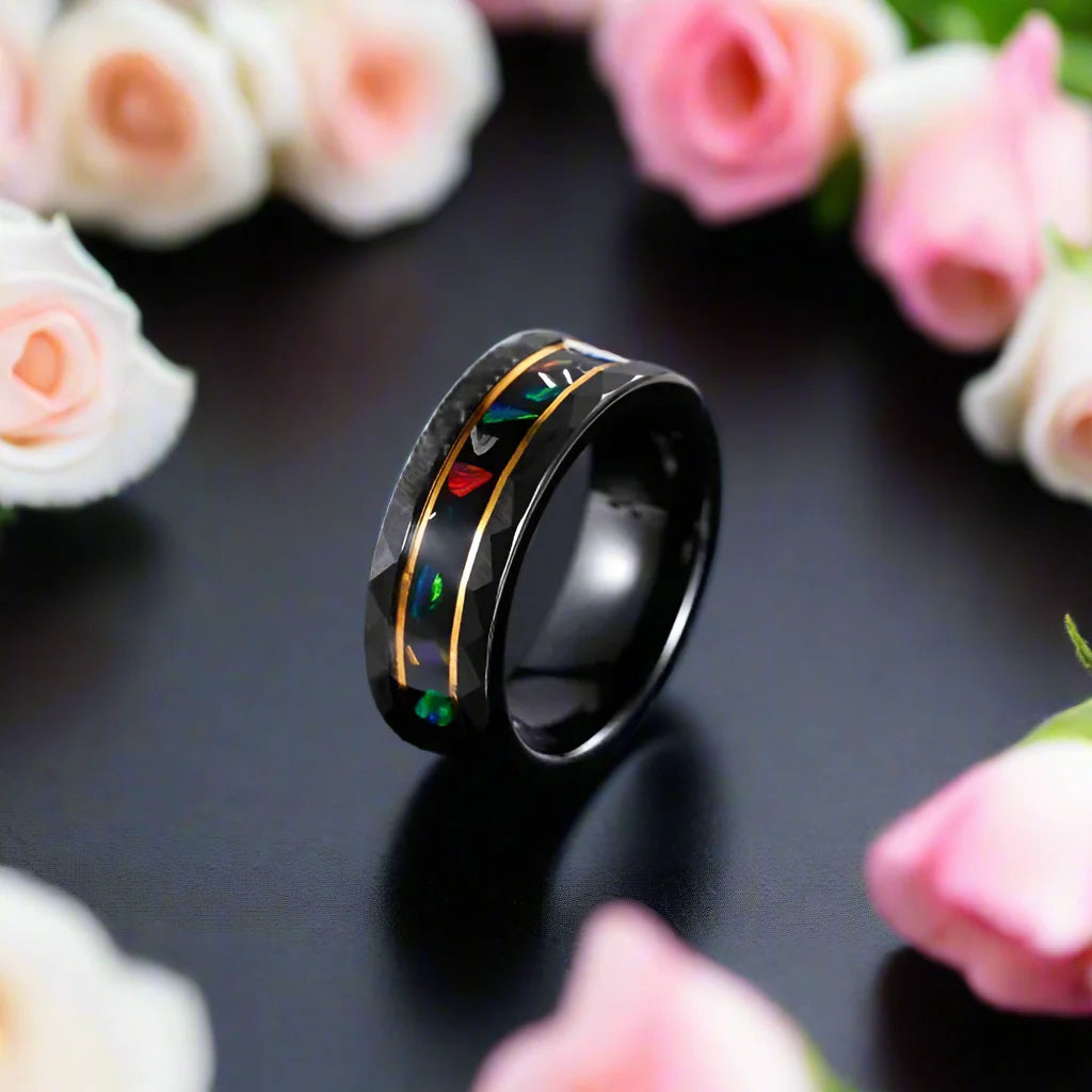 Opal and Metal Slag Inlay Tungsten Wedding Band