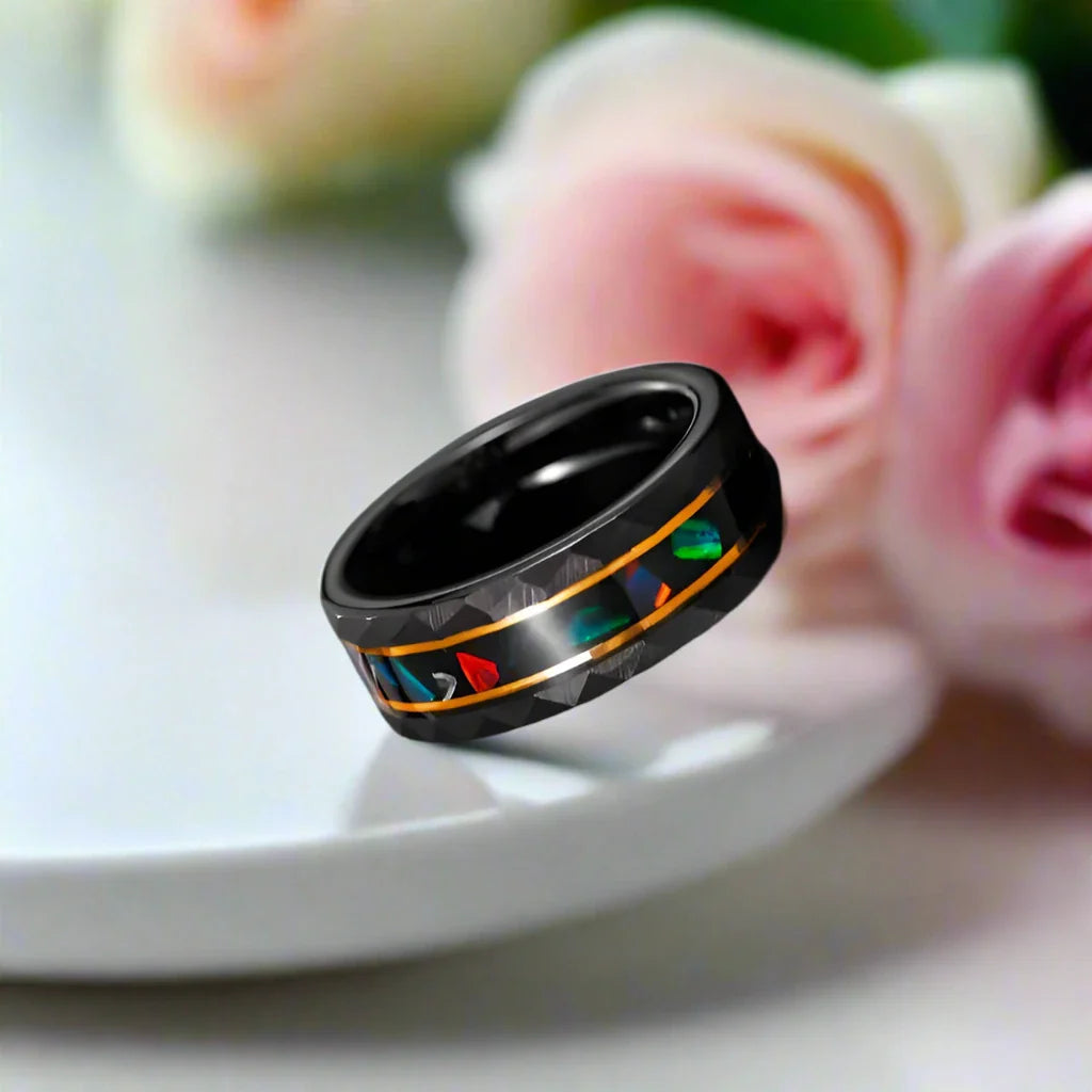 Opal and Metal Slag Inlay Tungsten Wedding Band