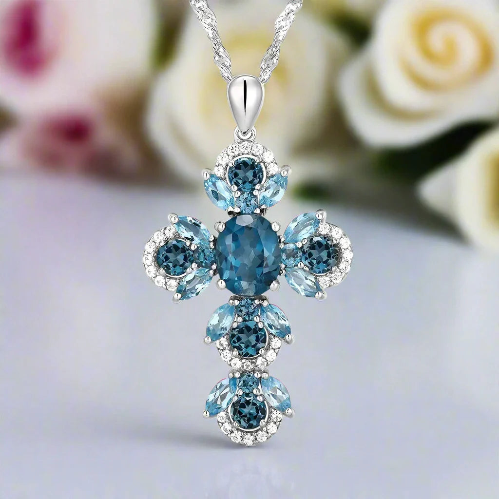 Oval-cut London Blue Topaz Gemstone Cross Necklace