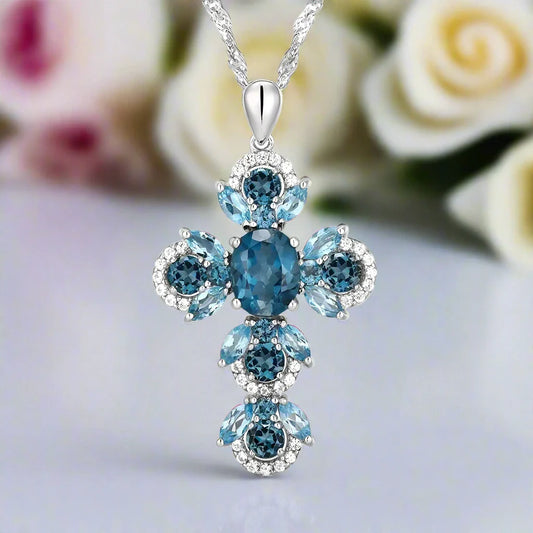 Oval-cut London Blue Topaz Gemstone Cross Necklace