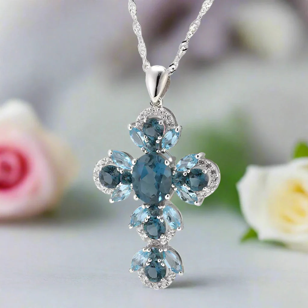 Oval-cut London Blue Topaz Gemstone Cross Necklace