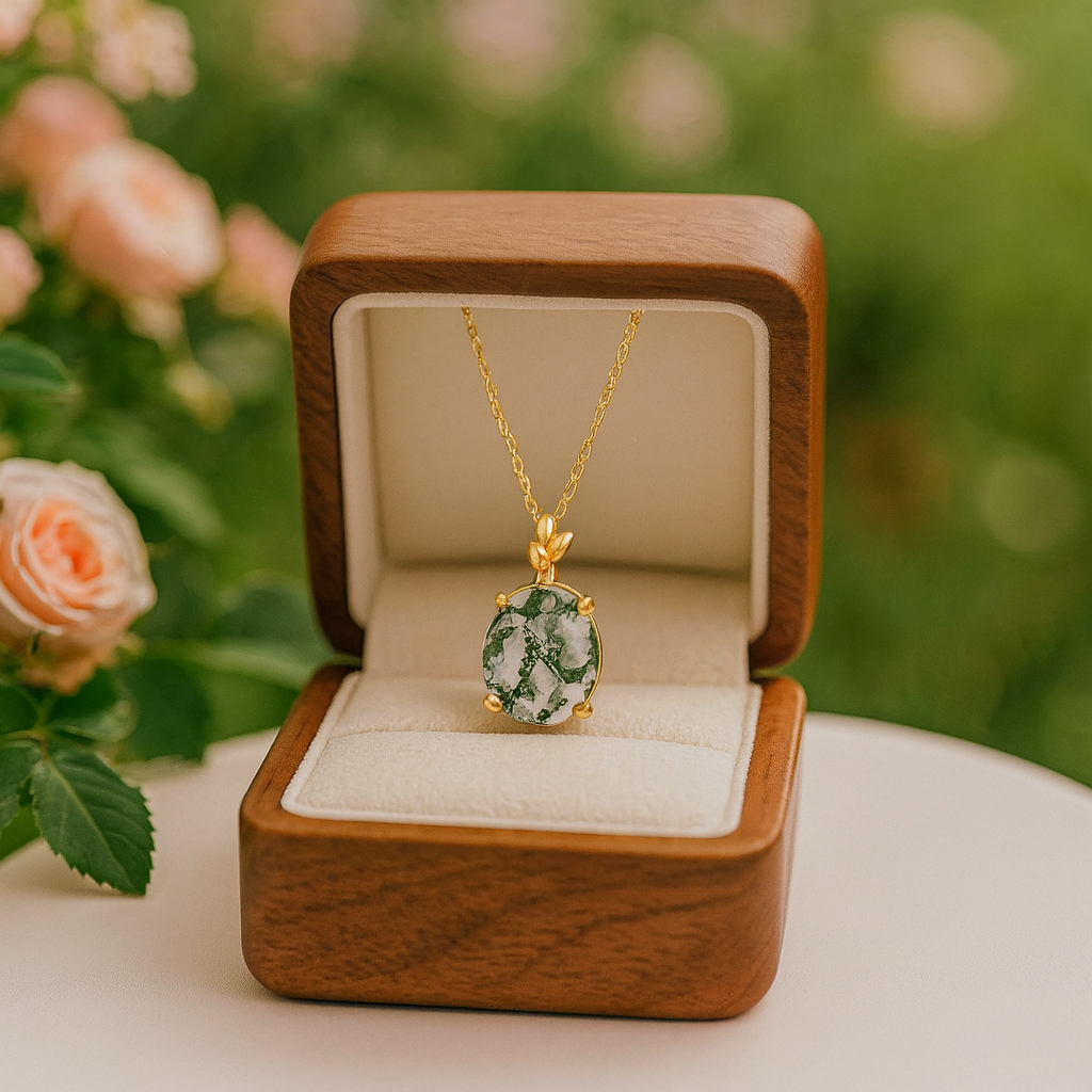 Oval Cut Green Moss Agate Pendant Necklace