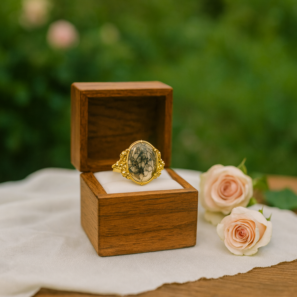 Oval Cut Moss Agate Vintage Engagement Ring