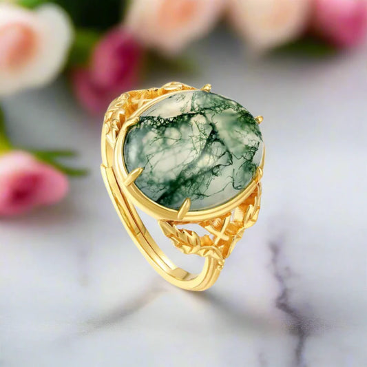 Oval Cut Moss Agate Vintage Engagement Ring