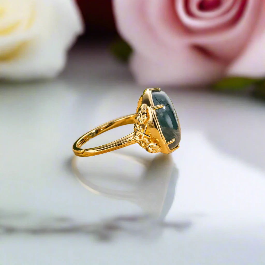 Oval Cut Moss Agate Vintage Engagement Ring
