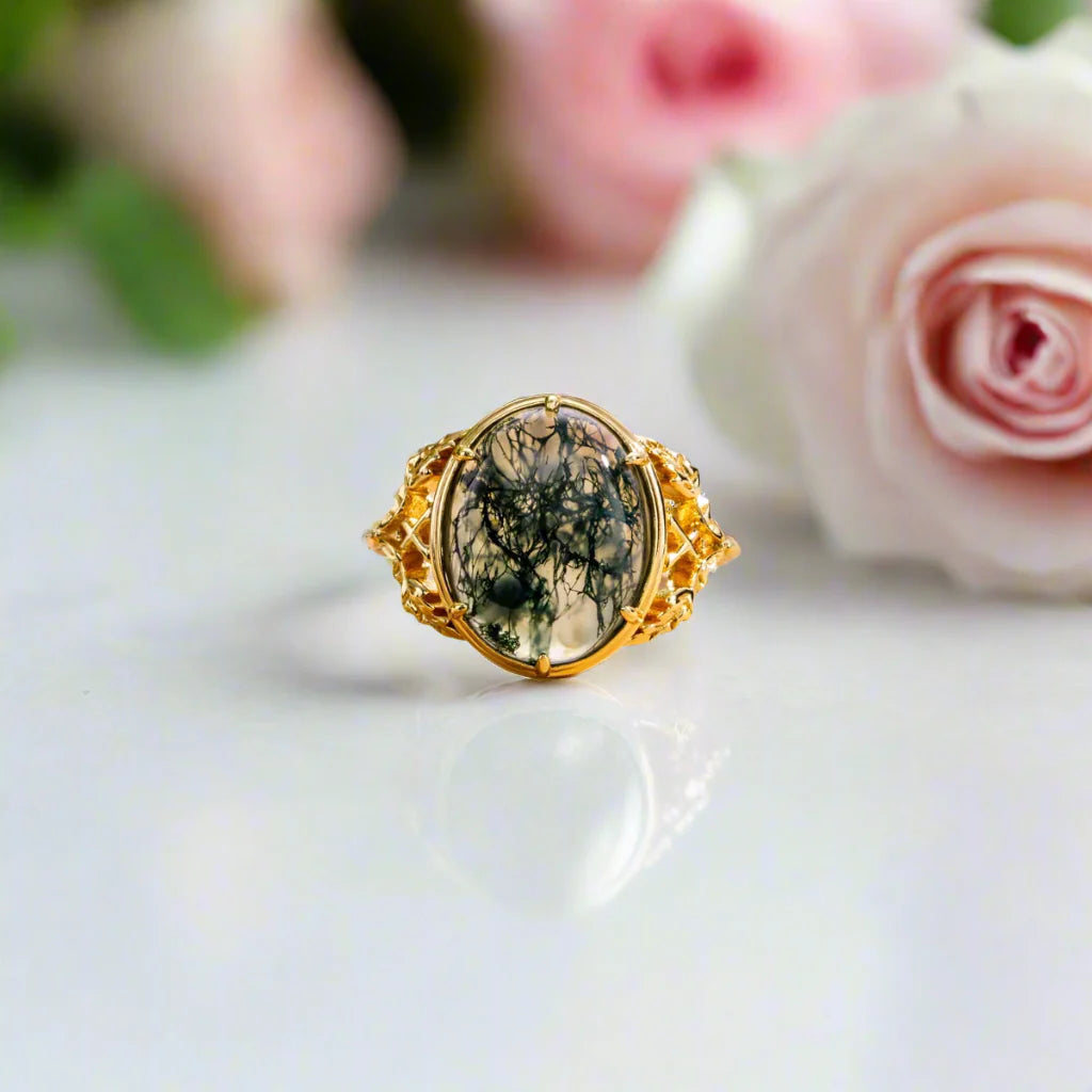 Oval Cut Moss Agate Vintage Engagement Ring
