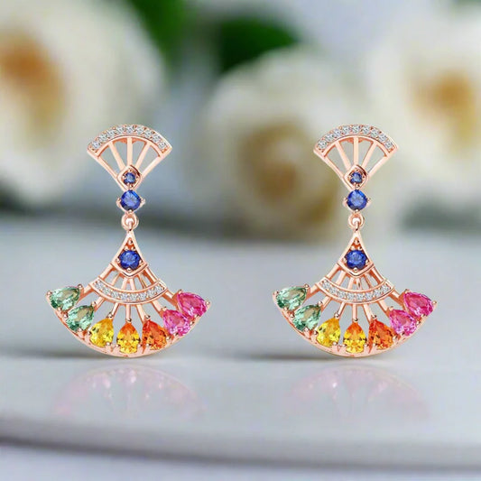 Pear-cut Natural Gemstone Fan-shaped Rose Gold Earrings