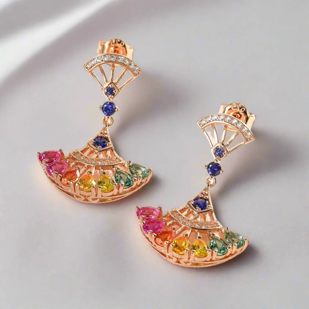 Pear-cut Natural Gemstone Fan-shaped Rose Gold Earrings