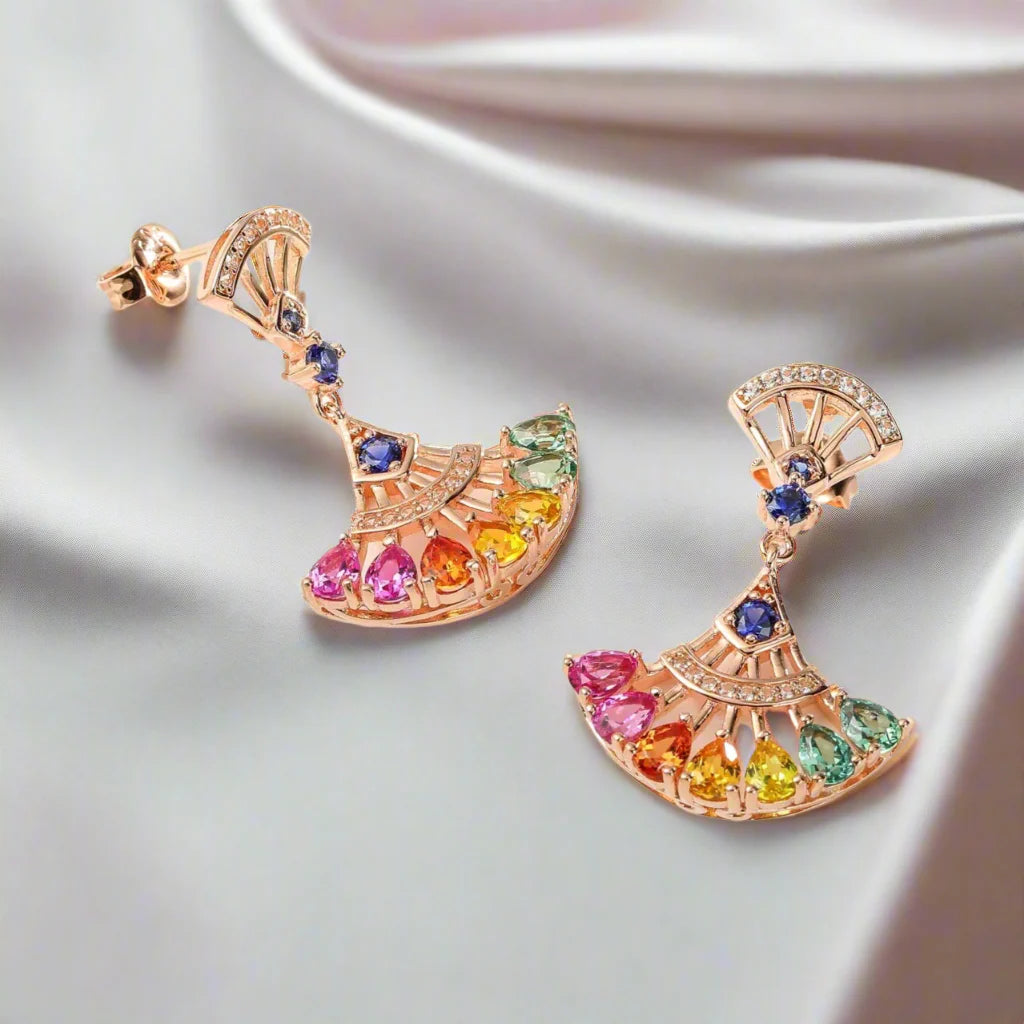 Pear-cut Natural Gemstone Fan-shaped Rose Gold Earrings