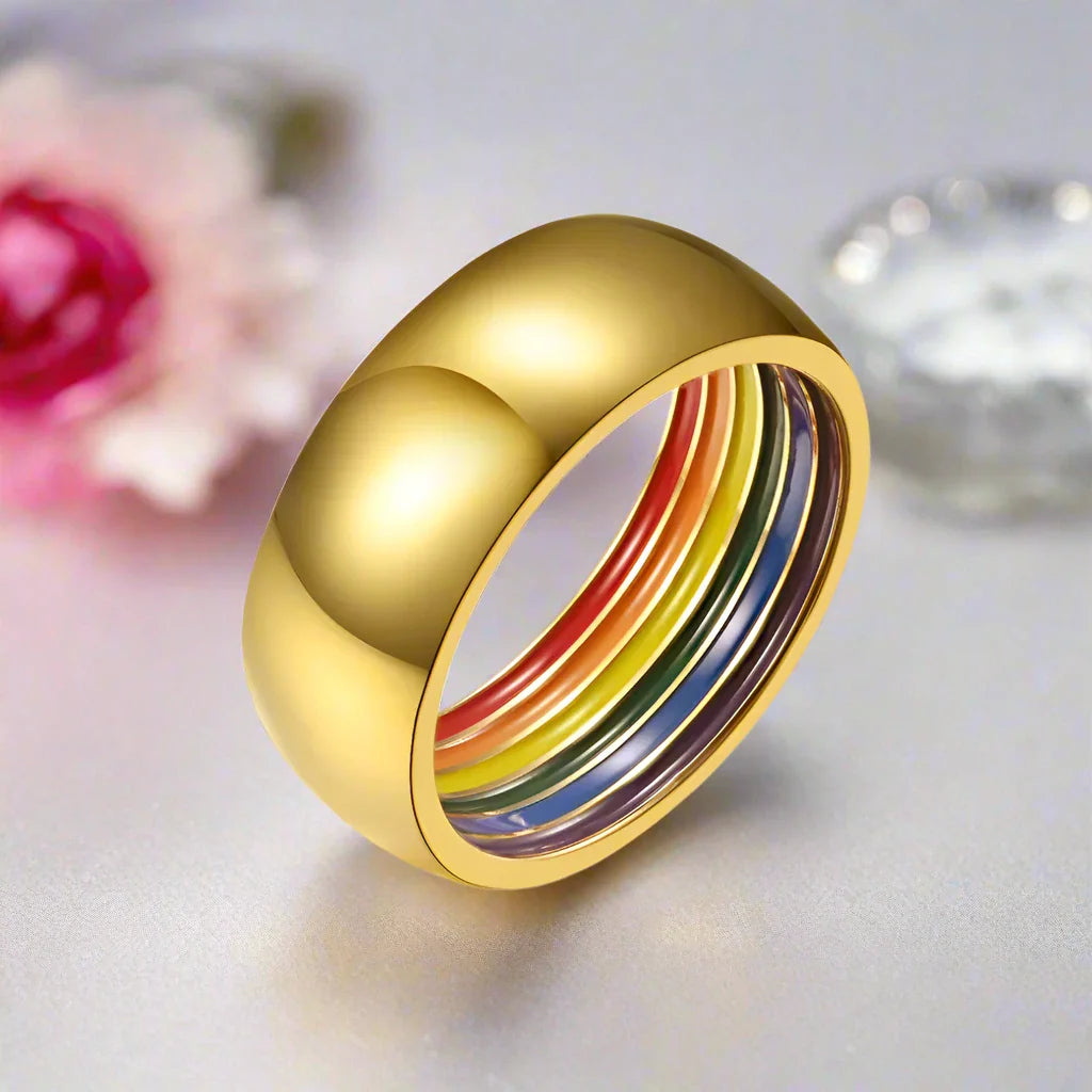 Rainbow Color Dome Stainless Steel Wedding Band