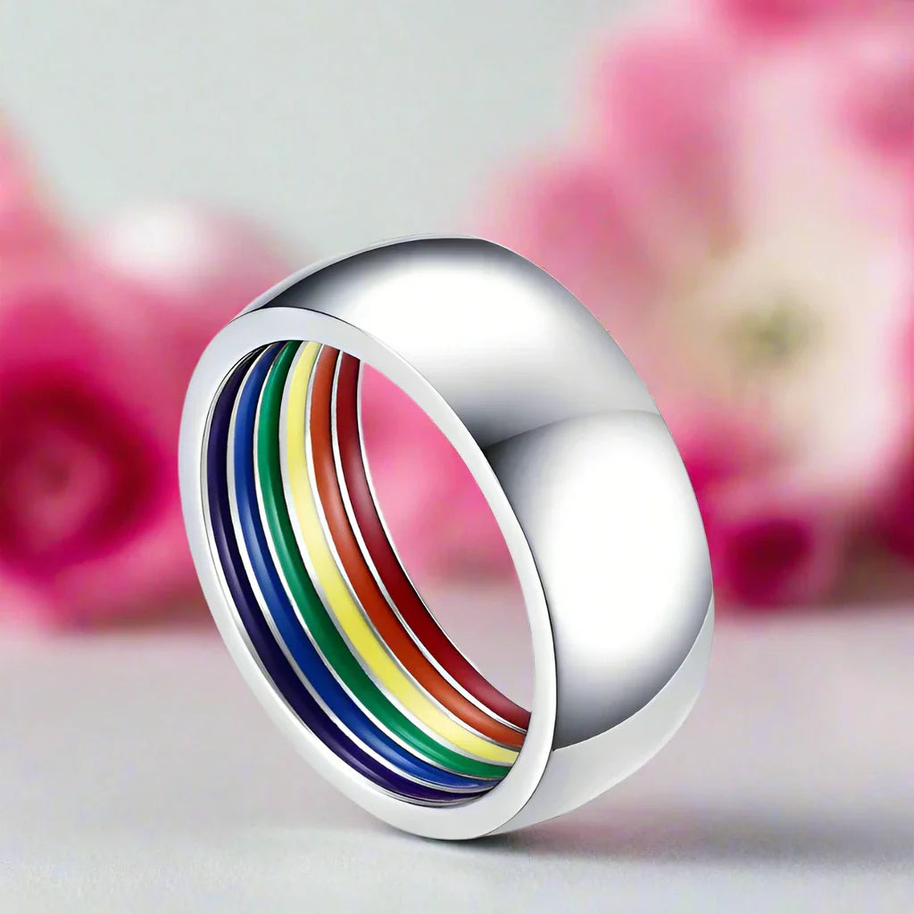 Rainbow Color Dome Stainless Steel Wedding Band