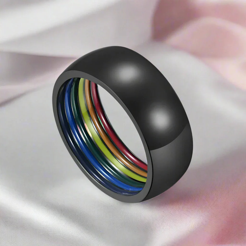 Rainbow Color Dome Stainless Steel Wedding Band