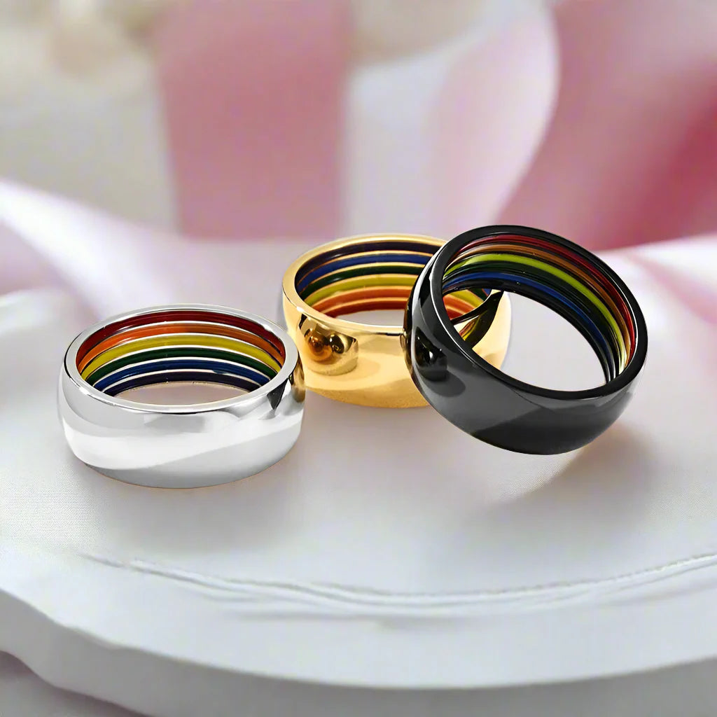 Rainbow Color Dome Stainless Steel Wedding Band