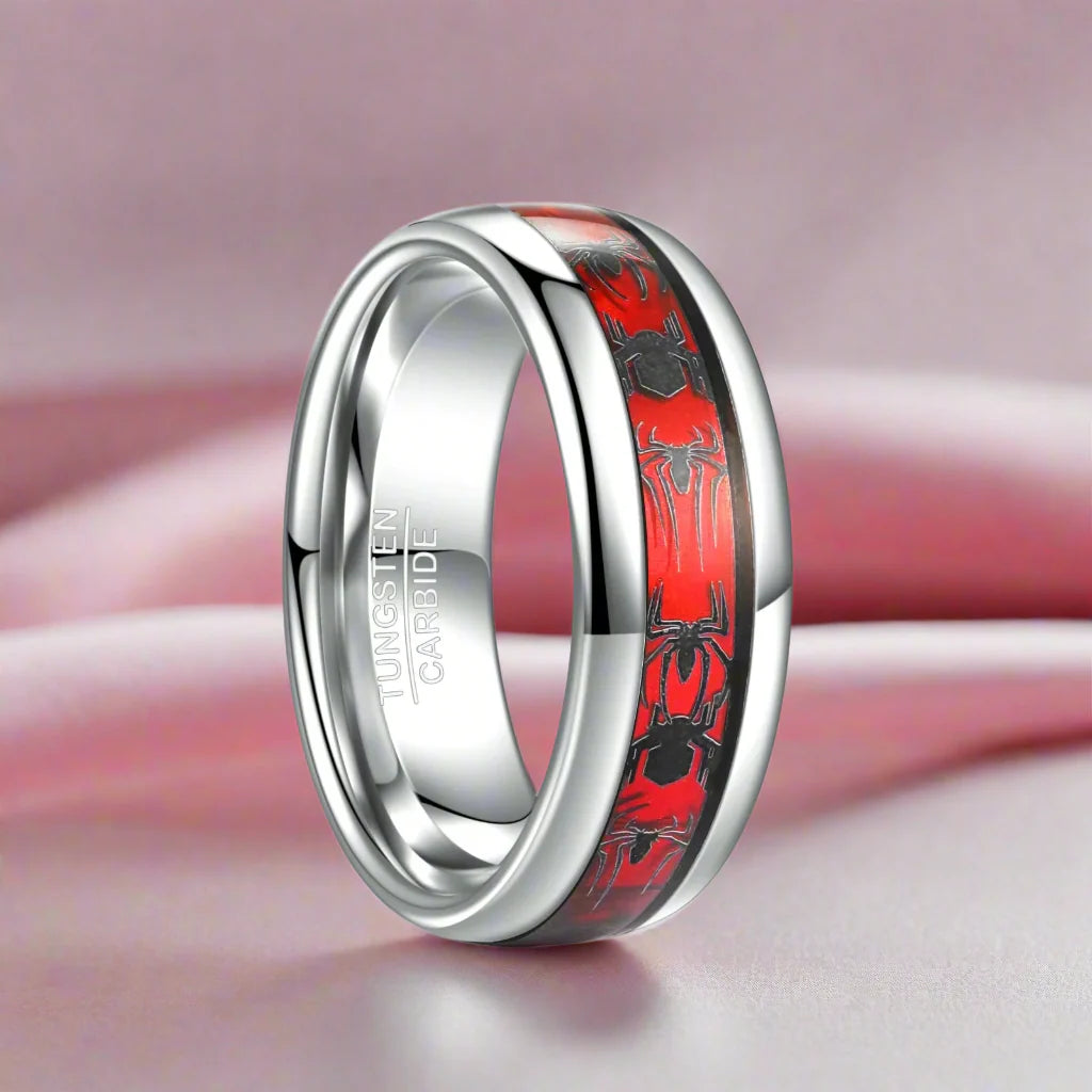 Red Opal & Spider Inlaid Tungsten Men's Wedding Band