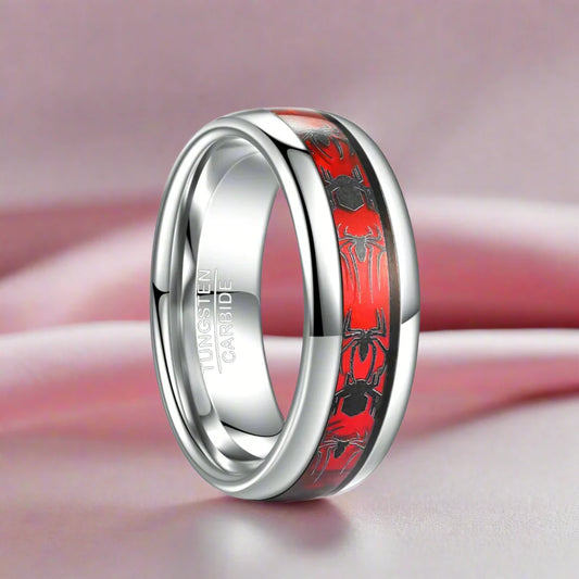 Red Opal & Spider Inlaid Tungsten Men's Wedding Band