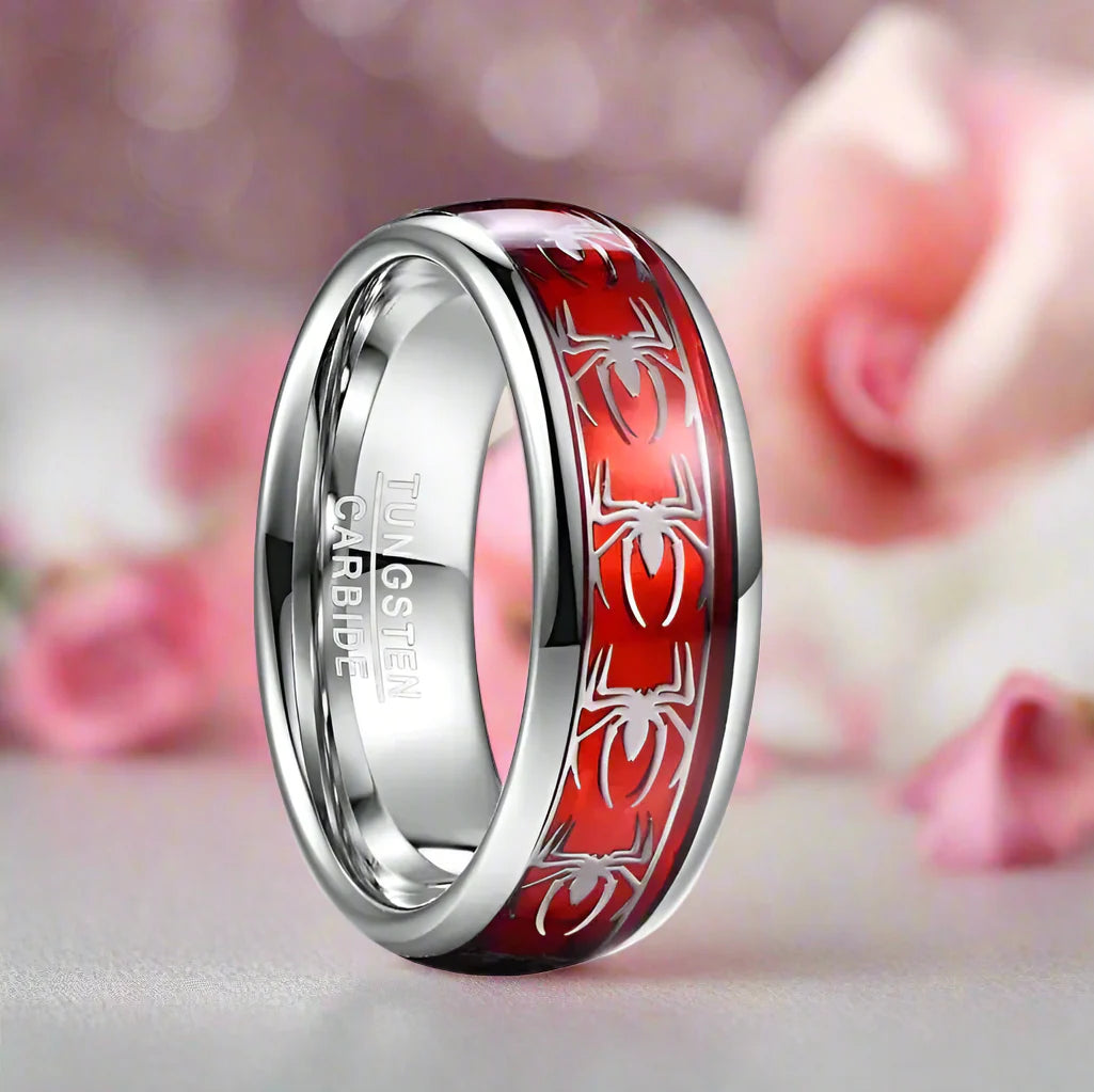 Red Opal & Spider Inlaid Tungsten Men's Wedding Band