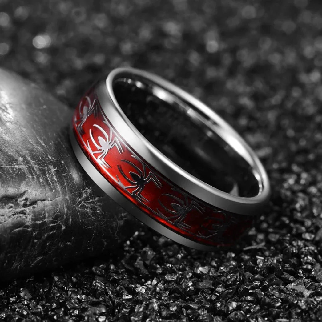Red Opal & Spider Inlaid Tungsten Men's Wedding Band