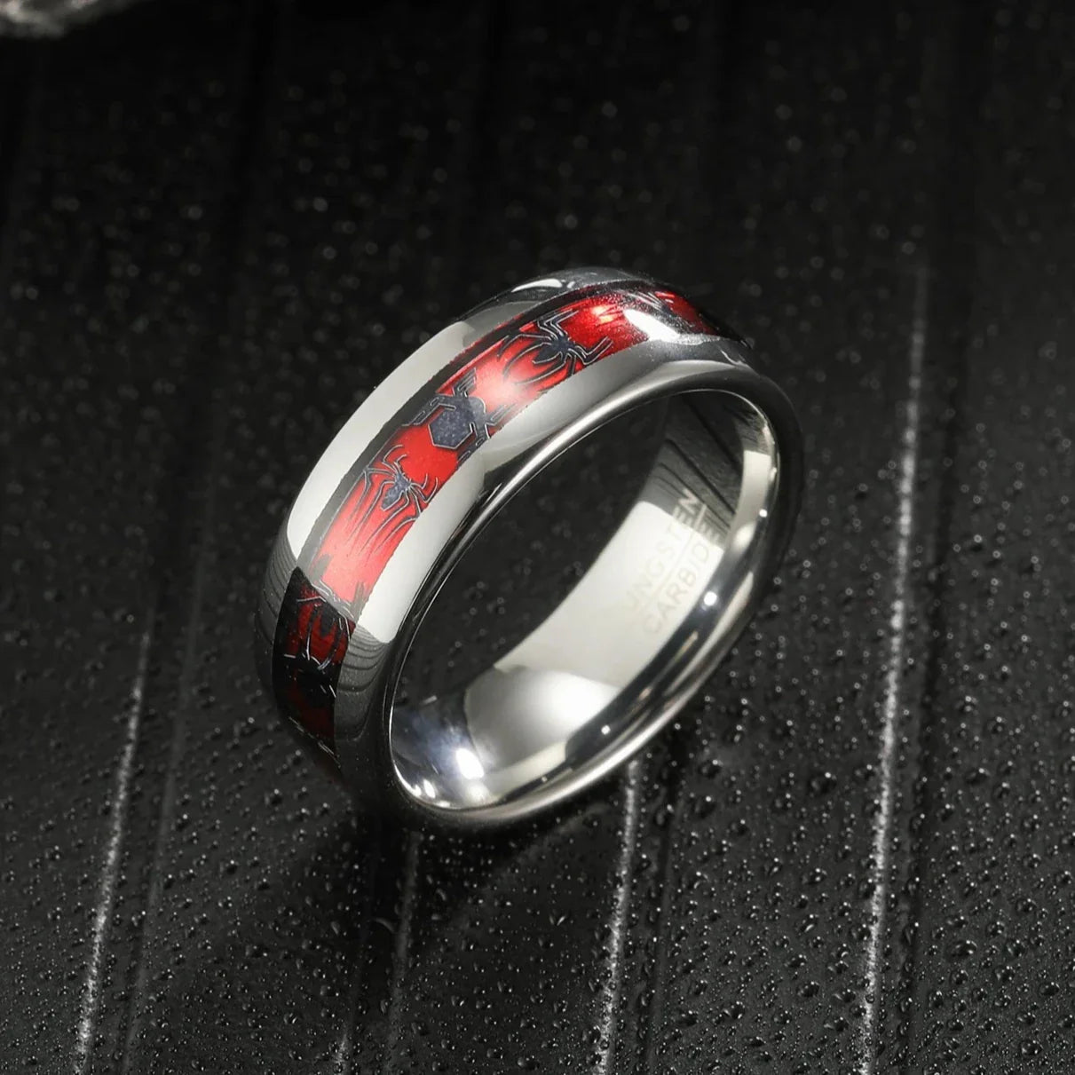 Red Opal & Spider Inlaid Tungsten Men's Wedding Band