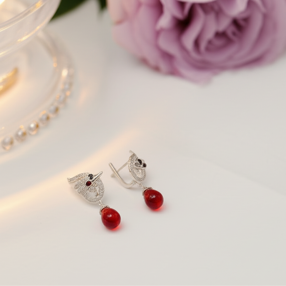 Red Stone Swan Drop Earrings
