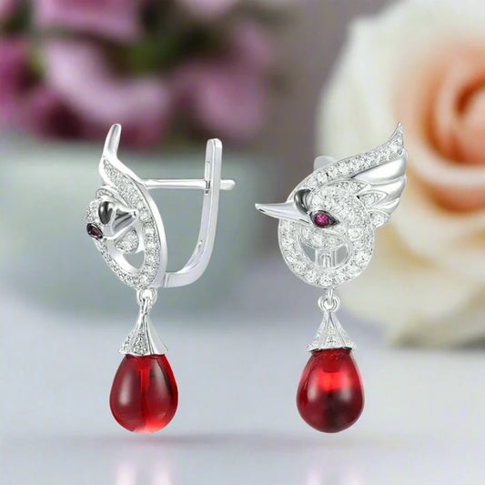 Red Stone Swan Drop Earrings