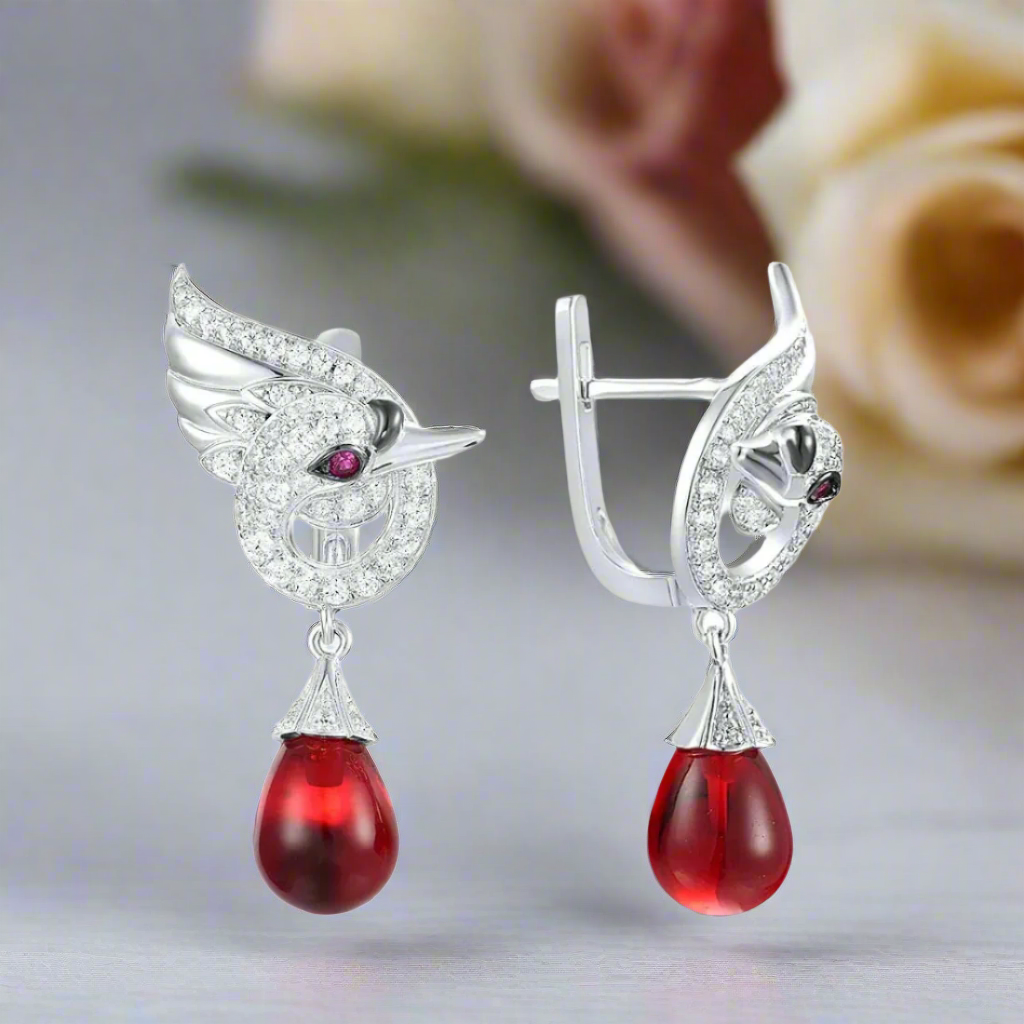 Red Stone Swan Drop Earrings