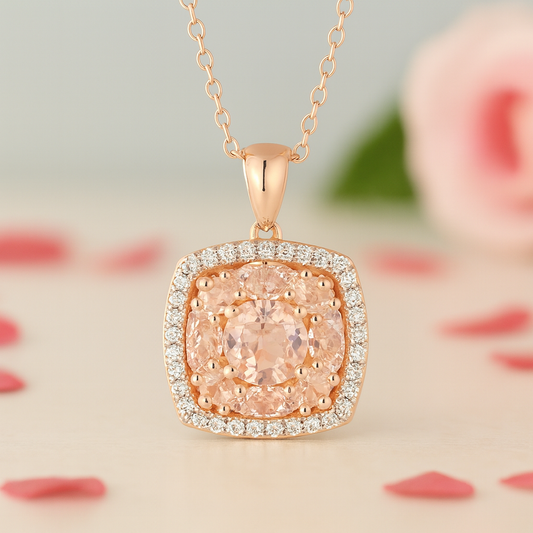 Round-cut Morganite Halo Rose Gold Necklace